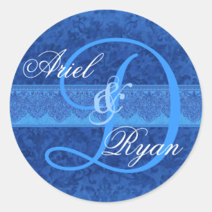 Cobalt und Sky Blue Damask Wedding Monogram V2 Runder Aufkleber