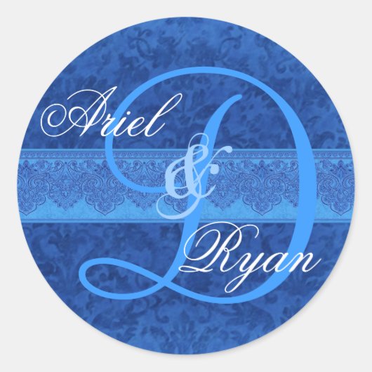 Cobalt und Sky Blue Damask Wedding Monogram V2 Runder Aufkleber (Vorderseite)