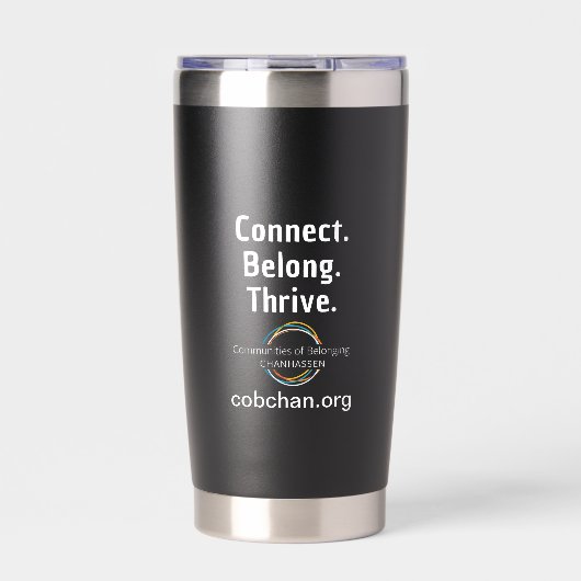 CoBC Tumbler (weißer Text) - Connect Belong Thrive Thermobecher (Vorderseite)