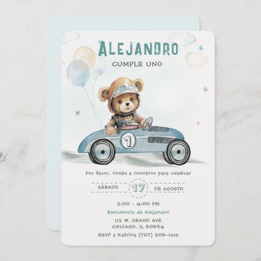 Coche de Carreras Osito Bebé Primer Cumpleaños Einladung (Vorne/Hinten)