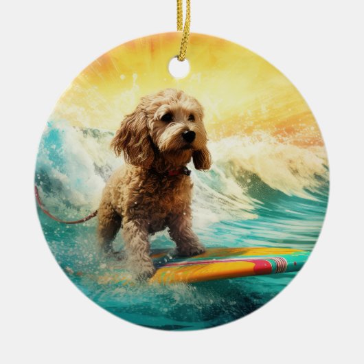 Cockapoo Beach Surfgrafik Keramik Ornament (Vorne)