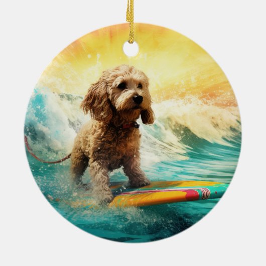 Cockapoo Beach Surfgrafik Keramik Ornament (Hinten)