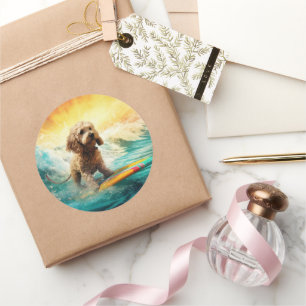 Cockapoo Beach Surfgrafik Runder Aufkleber