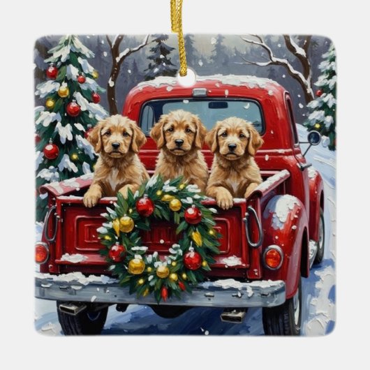 Cockapoo Christmas Red Truck Holiday Keramikornament (Vorderseite)