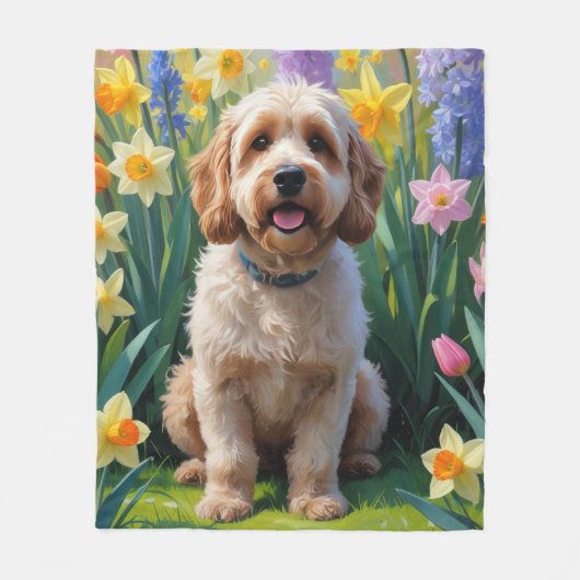 Cockapoo Dog Frühlingsblumen Malerei Fleecedecke (Vorderseite)