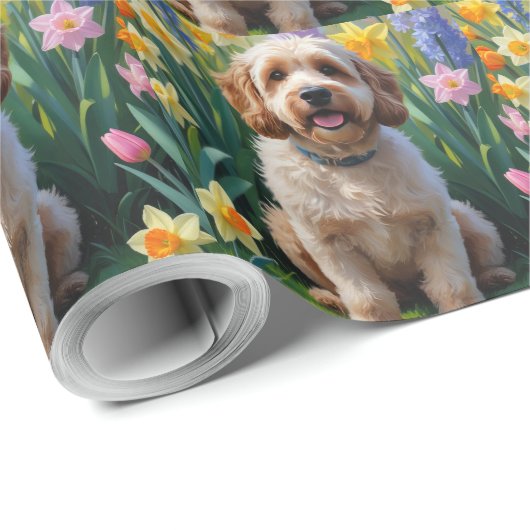 Cockapoo Dog Frühlingsblumen Malerei Geschenkpapier (Rolleneckpunkt)