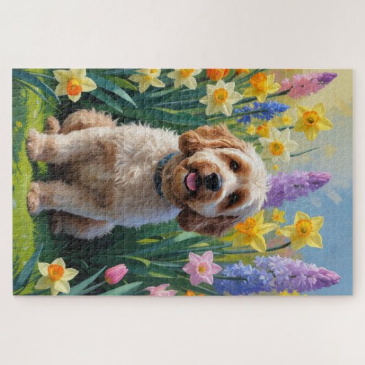 Cockapoo Dog Frühlingsblumen Malerei Puzzle (Horizontal)