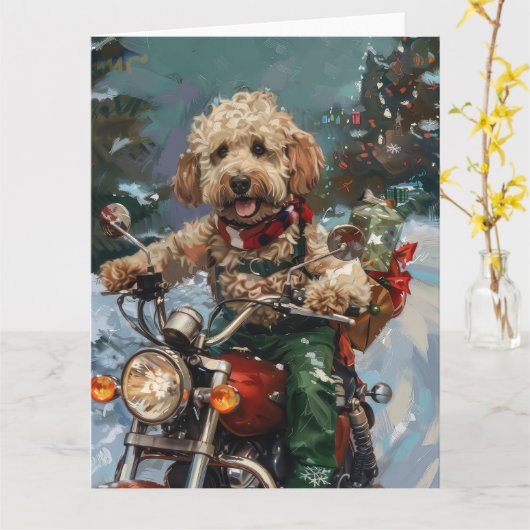 Cockapoo Dog Reiten Motorrad Weihnachten Karte (Gelbe Blume)