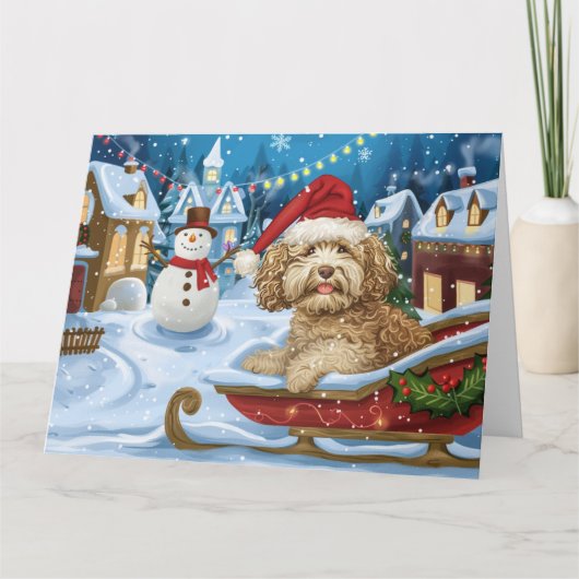 Cockapoo Dog Sleigh Schnee Weihnachten Karte (Vorderseite)