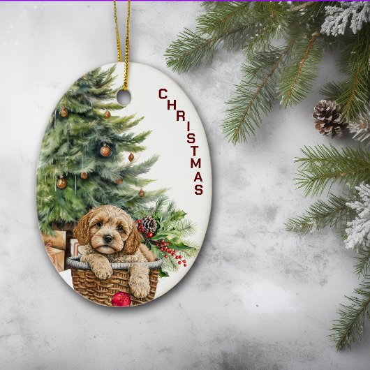 Cockapoo Dog Wicker Korb Weihnachten Keramik Ornament