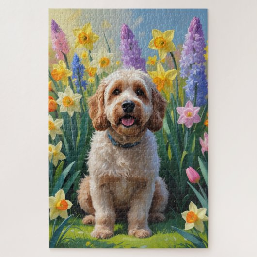 Cockapoo-Hund-Frühlingsblumen-Malerei Puzzle (Vertikal)