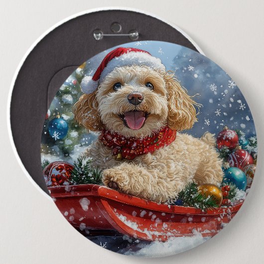 Cockapoo Hund in Sledge Lass es Schnee Weihnachten Button (Vorne & Hinten)