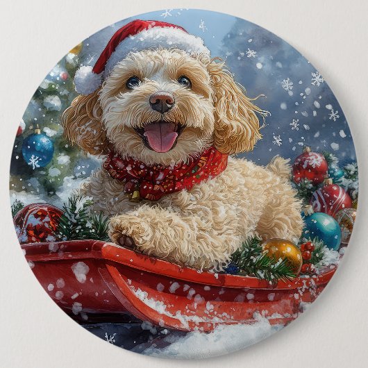 Cockapoo Hund in Sledge Lass es Schnee Weihnachten Button (Vorderseite)