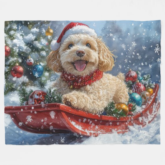 Cockapoo Hund in Sledge Lass es Schnee Weihnachten Fleecedecke (Vorderseite (Horizontal))