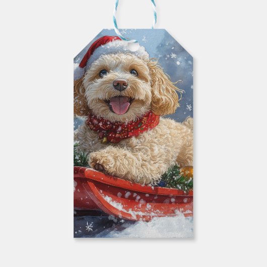 Cockapoo Hund in Sledge Lass es Schnee Weihnachten Geschenkanhänger (Rückseite)