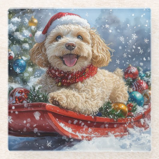 Cockapoo Hund in Sledge Lass es Schnee Weihnachten Glasuntersetzer (Vorderseite)