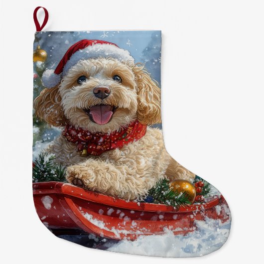 Cockapoo Hund in Sledge Lass es Schnee Weihnachten Großer Weihnachtsstrumpf (Vorderseite)