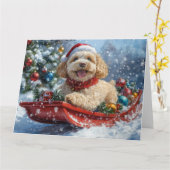 Cockapoo Hund in Sledge Lass es Schnee Weihnachten Karte (Gelbe Blume)