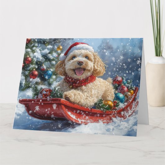 Cockapoo Hund in Sledge Lass es Schnee Weihnachten Karte (Vorderseite)