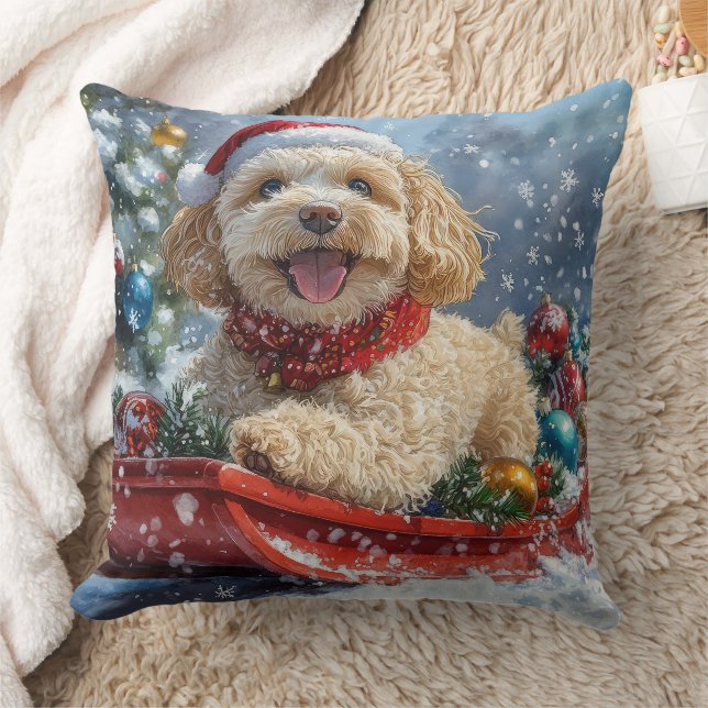 Cockapoo Hund in Sledge Lass es Schnee Weihnachten Kissen (Decke)