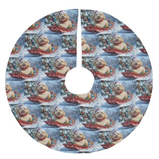 Cockapoo Hund in Sledge Lass es Schnee Weihnachten Polyester Weihnachtsbaumdecke (Vorderseite)