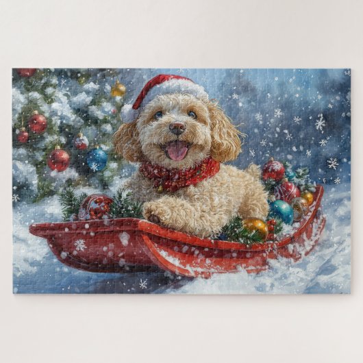 Cockapoo Hund in Sledge Lass es Schnee Weihnachten Puzzle (Horizontal)