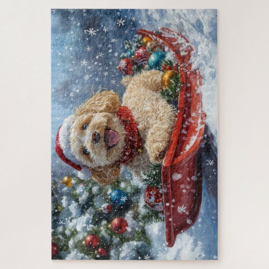 Cockapoo Hund in Sledge Lass es Schnee Weihnachten Puzzle (Vertikal)