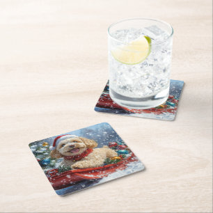 Cockapoo Hund in Sledge Lass es Schnee Weihnachten Rechteckiger Pappuntersetzer