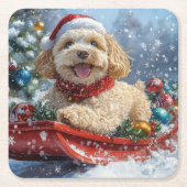 Cockapoo Hund in Sledge Lass es Schnee Weihnachten Rechteckiger Pappuntersetzer (Vorderseite)