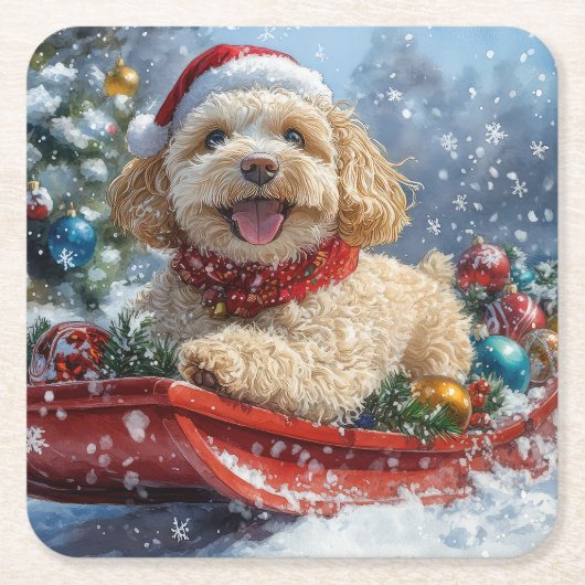 Cockapoo Hund in Sledge Lass es Schnee Weihnachten Rechteckiger Pappuntersetzer (Vorderseite)