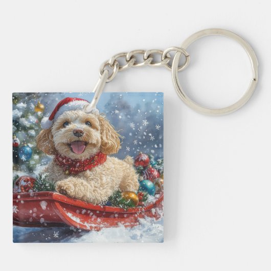 Cockapoo Hund in Sledge Lass es Schnee Weihnachten Schlüsselanhänger (Rückseite)