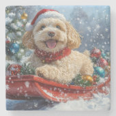 Cockapoo Hund in Sledge Lass es Schnee Weihnachten Steinuntersetzer (Vorderseite)