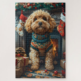 Cockapoo-Hund mit Weihnachtsgeschenken am Kamin Puzzle