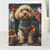 Cockapoo Hund mit Weihnachtsgeschenken Kamin Karte (Vorderseite)