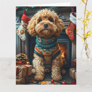 Cockapoo Hund mit Weihnachtsgeschenken Kamin Karte