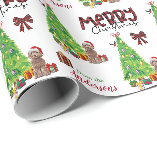Cockapoo Hund, Vogel und Weihnachtsbaum Geschenkpapier (Rolleneckpunkt)