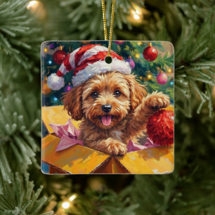 Cockapoo-Hund-Weihnachtsgeschenkbox-Überraschung Keramikornament