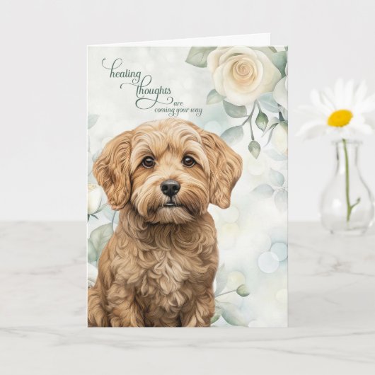 Cockapoo Hund Weiße Rosen und Salbeigrün Gute Bess Karte (Kleine Pflanze)