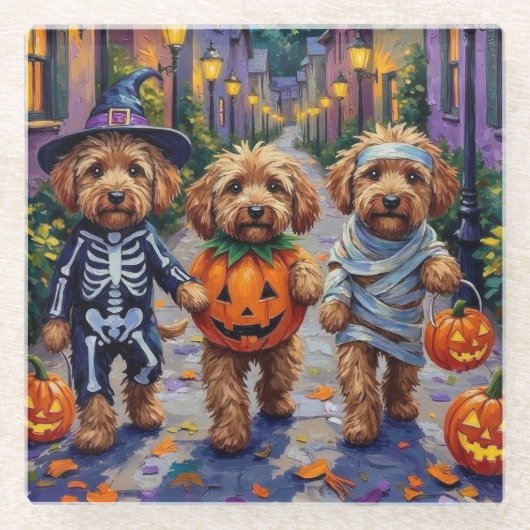Cockapoo Hunde Trick-oder-Treating Halloween-Kostü Glasuntersetzer (Vorderseite)