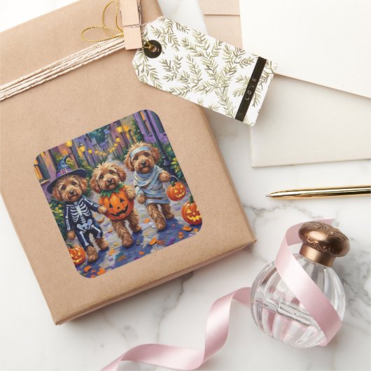 Cockapoo Hunde Trick-oder-Treating Halloween-Kostü Quadratischer Aufkleber (Schenken)