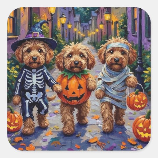 Cockapoo Hunde Trick-oder-Treating Halloween-Kostü Quadratischer Aufkleber (Vorderseite)