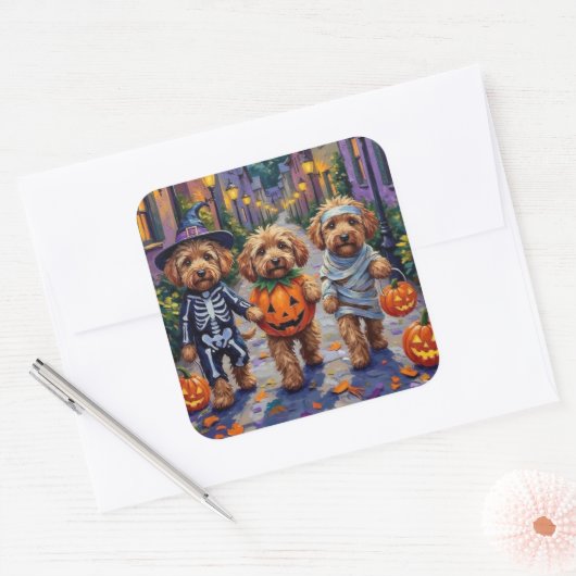 Cockapoo Hunde Trick-oder-Treating Halloween-Kostü Quadratischer Aufkleber (Umschlag)