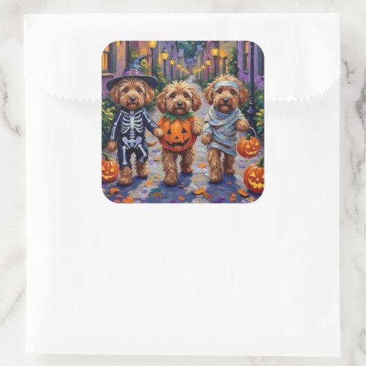 Cockapoo Hunde Trick-oder-Treating Halloween-Kostü Quadratischer Aufkleber (Tasche)