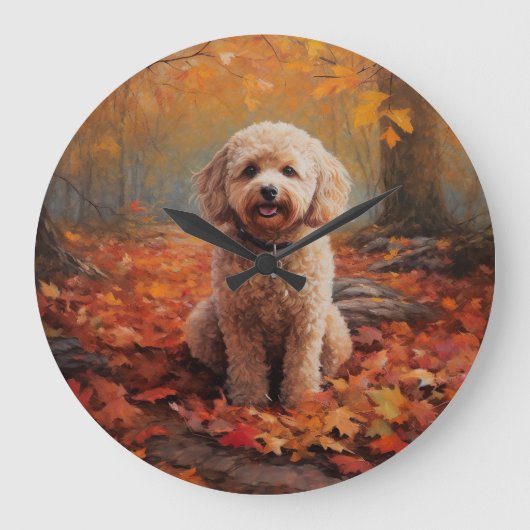Cockapoo im Herbst Leaves Fall Inspiriert Große Wanduhr (Vorderseite)