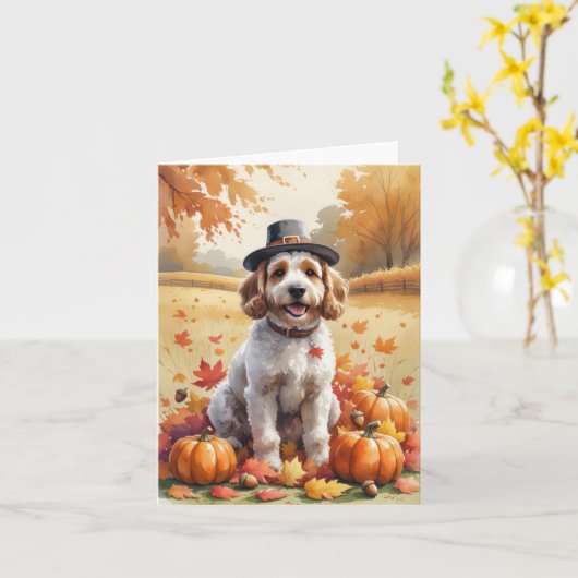 Cockapoo im Herbstlaub Thanksgiving Kunst Karte (Gelbe Blume)
