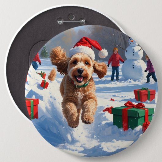 Cockapoo läuft im Schnee mit Weihnachtshut Button (Vorne & Hinten)