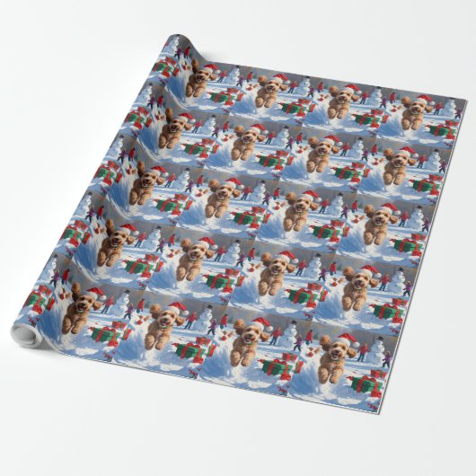 Cockapoo läuft im Schnee mit Weihnachtsmütze Geschenkpapier (Ungerollt)