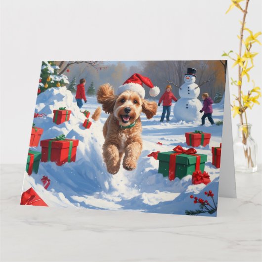 Cockapoo läuft im Schnee mit Weihnachtsmütze Karte (Gelbe Blume)