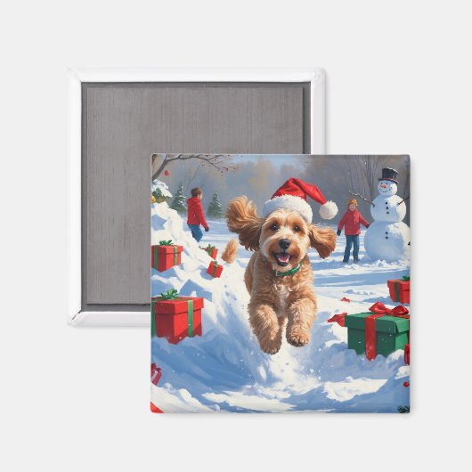 Cockapoo läuft im Schnee mit Weihnachtsmütze Magnet (Vorderseite/Rückseite)