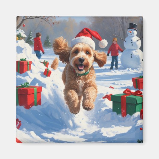 Cockapoo läuft im Schnee mit Weihnachtsmütze Magnet (Vorne)